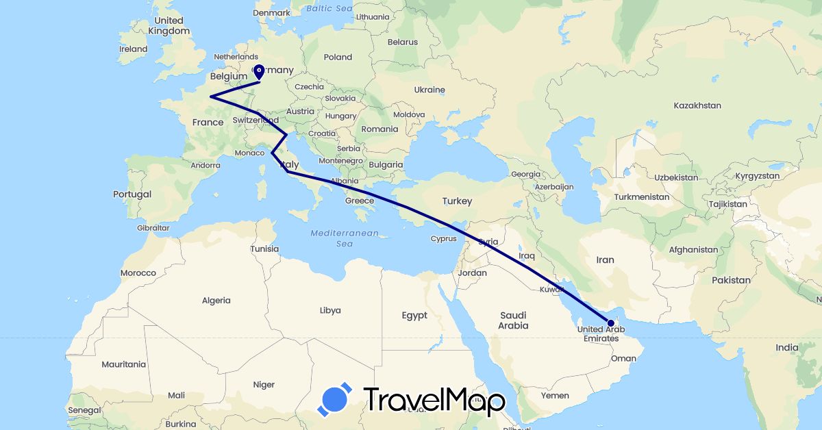TravelMap itinerary: driving in United Arab Emirates, Switzerland, Germany, France, Italy (Asia, Europe)